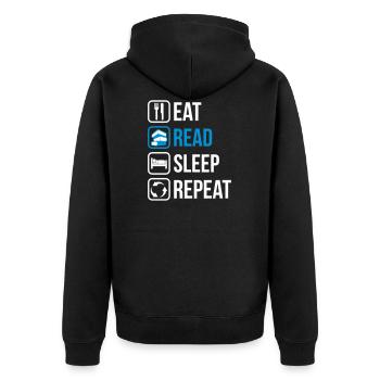 Eat Read Sleep Repeat - Unisex Premium Bio Zip Hoodie - Schwarz - Hinten - Nico (187cm)