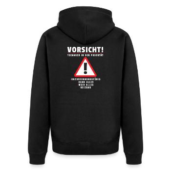 Teenager in Pubertät Shirt Geschenk Achtung! - Unisex Premium Bio Zip Hoodie - Schwarz - Hinten - Nico (187cm)