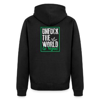 unfuck the world go vegan - Unisex Premium Bio Zip Hoodie - Schwarz - Hinten - Nico (187cm)
