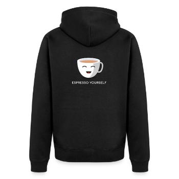 Kaffee Wortspiel - "Espresso Yourself" - Geschenk - Unisex Premium Bio Zip Hoodie - Schwarz - Hinten - Nico (187cm)