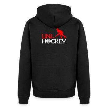 Unihockey Schweiz Sport rot weiss Geschenkidee - Unisex Premium Bio Zip Hoodie - Schwarz - Hinten - Nico (187cm)