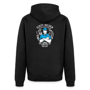 Bauarbeiter Shirt · Baustelle · Bagger · Helden - Unisex Premium Bio Zip Hoodie - Schwarz - Hinten - Nico (187cm)