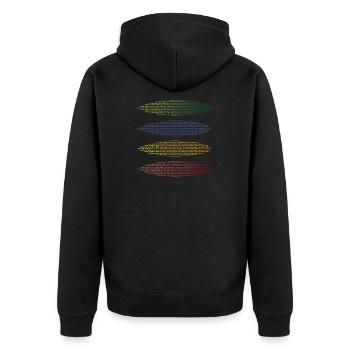 Surfboards und Wörter mit surfen vereint - Unisex Premium Bio Zip Hoodie - Schwarz - Hinten - Nico (187cm)