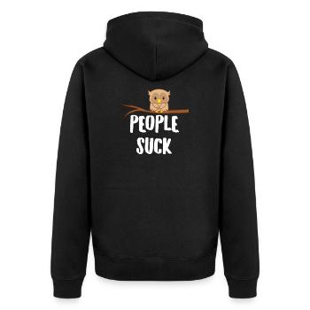 Eule - Uhu - Kauz - Eulen T-Shirt - People Suck - Unisex Premium Bio Zip Hoodie - Schwarz - Hinten - Nico (187cm)