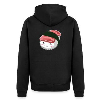 Süßes Lachs Nigiri Sushi - Unisex Premium Bio Zip Hoodie - Schwarz - Hinten - Nico (187cm)