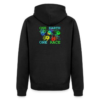 Anti Rassismus T-Shirt - Eine Erde Eine Rasse - Unisex Premium Bio Zip Hoodie - Schwarz - Hinten - Nico (187cm)