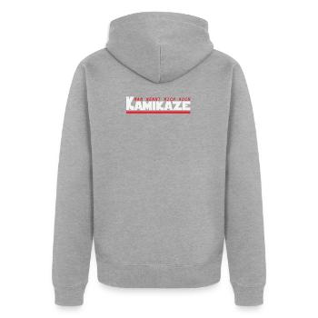 Kamikaze Risiko Action - Unisex Premium Bio Zip Hoodie - Grau meliert - Hinten - Nico (187cm)