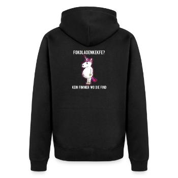 FOKOLADENKEKFE KEIN FIMMER Wo die FINDEN - Unisex Premium Bio Zip Hoodie - Schwarz - Hinten - Nico (187cm)