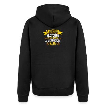 ZWEI NORMALE BRÖTCHEN UND DREI VERÜCKTE BITTE - Unisex Premium Bio Zip Hoodie - Schwarz - Hinten - Nico (187cm)