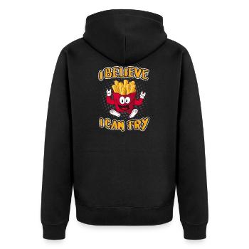 I believe I can Fry! Pommes Fritten Fun Sprüche - Unisex Premium Bio Zip Hoodie - Schwarz - Hinten - Nico (187cm)