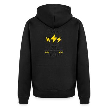 Elektriker Shirt · Herr der Licht · Strom Geschenk - Unisex Premium Bio Zip Hoodie - Schwarz - Hinten - Nico (187cm)