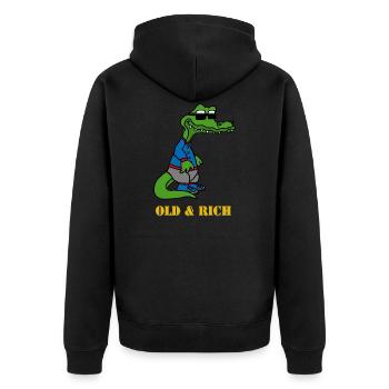 Money Krokodil, crocodile, alt, rich, sungalses - Unisex Premium Bio Zip Hoodie - Schwarz - Hinten - Nico (187cm)