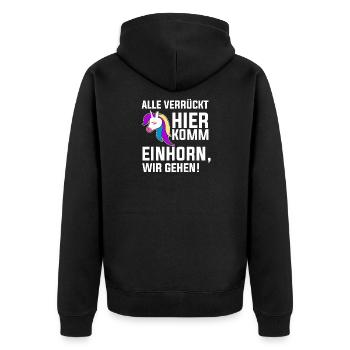 ALL crazy HERE. Come unicorn, let's go! - Unisex Premium Organic Zip Hoodie - black - Back - Nico (187cm)