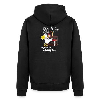 Lustiges Malle Shirt der Hahn muss laufen - Unisex Premium Bio Zip Hoodie - Schwarz - Hinten - Nico (187cm)