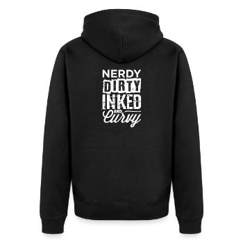 Nerdy Dirty Inked Curvy Geek Confidence Gift - Unisex Premium Bio Zip Hoodie - Schwarz - Hinten - Nico (187cm)