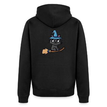 Katze mit Hexenhut auf Hexenbesen - Unisex Premium Bio Zip Hoodie - Schwarz - Hinten - Nico (187cm)