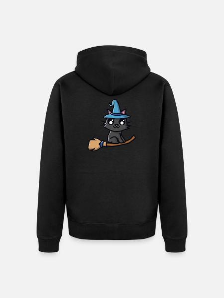 Katze mit Hexenhut auf Hexenbesen - Unisex Premium Bio Zip Hoodie - Schwarz