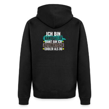 Handballer automatisch cooler - Geschenk -Handball - Unisex Premium Bio Zip Hoodie - Schwarz - Hinten - Nico (187cm)