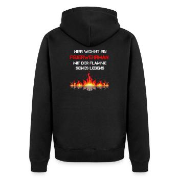 Hier wohnt ein Feuerwehrmann mit seiner flamme - Unisex Premium Bio Zip Hoodie - Schwarz - Hinten - Nico (187cm)