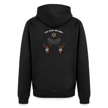 Lustiges Kennst du Mossad Shirt - Juden Israeli - Unisex Premium Bio Zip Hoodie - Schwarz - Hinten - Nico (187cm)