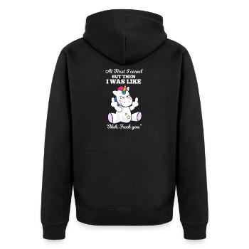 Licorne Fuck You Shut Up cadeau drôle et provocateur - Veste à capuche bio Premium Unisexe - noir - Dos - Nico (187cm)