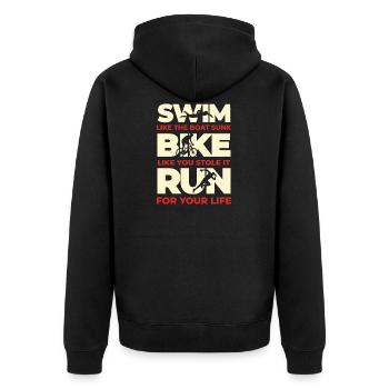 Lustig Triathlon Swim Bike Run Triathlet Geschenk - Unisex Premium Bio Zip Hoodie - Schwarz - Hinten - Nico (187cm)