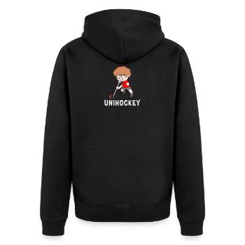Unihockey Schweiz Kinder rot weiss Geschenkidee - Unisex Premium Bio Zip Hoodie - Schwarz - Hinten - Nico (187cm)