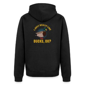 I JUST REALLY LIKE DUCKS OK? Ente Erpel - Unisex Premium Bio Zip Hoodie - Schwarz - Hinten - Nico (187cm)
