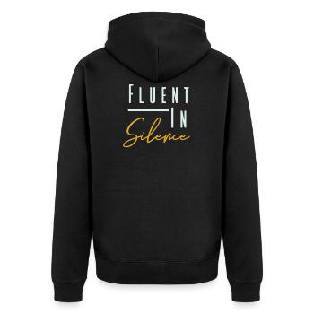 "Fluent in Silence" - funny introvert gift shy - Unisex Premium Bio Zip Hoodie - Schwarz - Hinten - Nico (187cm)