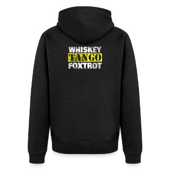 WTF Whiskey Tango Foxtrot What the Fuck Gift - Unisex Premium Organic Zip Hoodie - black - Back - Nico (187cm)