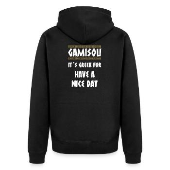 GAMISOU IT´S GREEK FOR HAVE A NICE DAY - Unisex Premium Bio Zip Hoodie - Schwarz - Hinten - Nico (187cm)