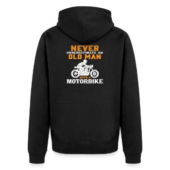 Alter Mann mit Motorrad - Unisex Premium Bio Zip Hoodie - Schwarz - Hinten - Nico (187cm)