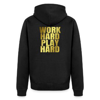 Work Hard Play Hard - Unisex Premium Organic Zip Hoodie - black - Back - Nico (187cm)