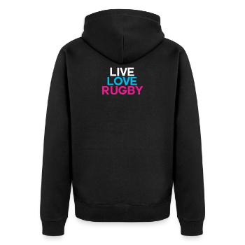 Rugby - Unisex Premium Bio Zip Hoodie - Schwarz - Hinten - Nico (187cm)