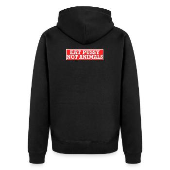 Eat Pussy not Animals Sexy Vegan Spruch Geschenk - Unisex Premium Bio Zip Hoodie - Schwarz - Hinten - Nico (187cm)