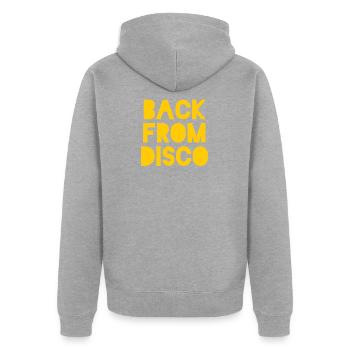 Disco Disco Disco Party Party Party Diskothek - Unisex Premium Bio Zip Hoodie - Grau meliert - Hinten - Nico (187cm)