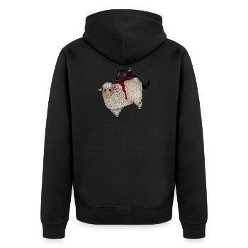 Wolf beißt Schaf – Süßes Blutvergießen - Unisex Premium Bio Zip Hoodie - Schwarz - Hinten - Nico (187cm)