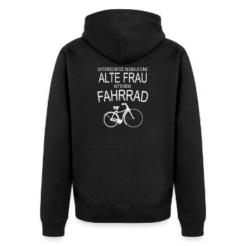 Alte Frau - Fahrrad - Unisex Premium Bio Zip Hoodie - Schwarz - Hinten - Nico (187cm)