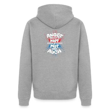 FEAR BEGINS IN THE HEAD MUT BUT ALSO - Unisex Premium Organic Zip Hoodie - heather grey - Back - Nico (187cm)