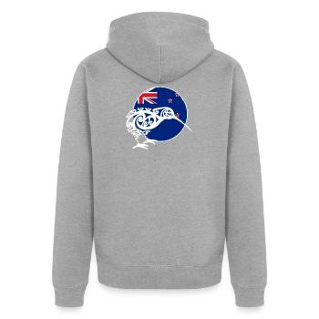 Kiwi links Wappen kreisrund - Geschenk - Unisex Premium Bio Zip Hoodie - Grau meliert - Hinten - Nico (187cm)