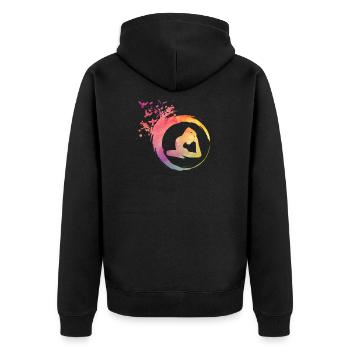 Woman practices yoga with music in the color wheel - Unisex Premium Organic Zip Hoodie - black - Back - Nico (187cm)