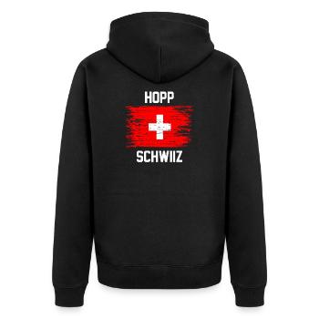 Schweiz Fanshirt Land Fahne Hopp Schwiiz Geschenk - Unisex Premium Bio Zip Hoodie - Schwarz - Hinten - Nico (187cm)