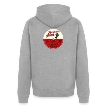 Northern Soul design - Keep The Faith Tee - Mod - Unisex Premium Bio Zip Hoodie - Grau meliert - Hinten - Nico (187cm)