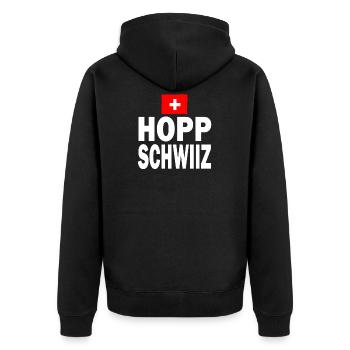 Schweiz Fanshirt Land Fahne Hopp Schwiiz Geschenk - Unisex Premium Bio Zip Hoodie - Schwarz - Hinten - Nico (187cm)