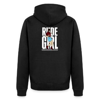 Rude Girl print | 1969 | Trojan Skinhead Clothing - Unisex Premium Organic Zip Hoodie - black - Back - Nico (187cm)