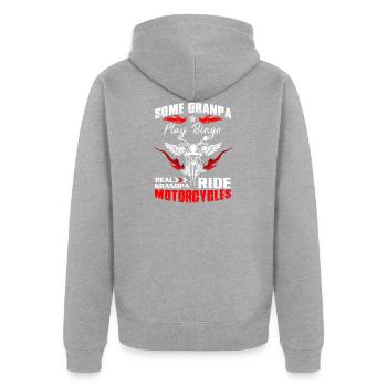 Motorrad statt Bingo Opa fährt Chopper Rocker - Unisex Premium Bio Zip Hoodie - Grau meliert - Hinten - Nico (187cm)