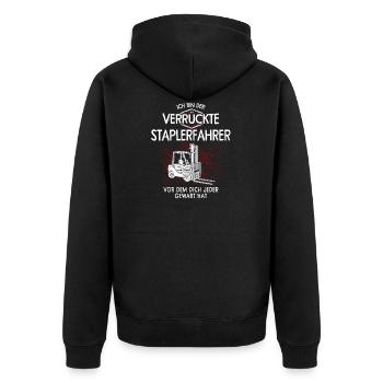 Ich bin der verrückte Staplerfahrer - Unisex Premium Bio Zip Hoodie - Schwarz - Hinten - Nico (187cm)