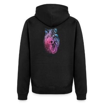 Mandala Wolf Tier Symbol im Yoga Tshirt - Unisex Premium Bio Zip Hoodie - Schwarz - Hinten - Nico (187cm)