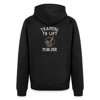 Training to lift Mjolnir Gym Fitness Wikinger - Unisex Premium Bio Zip Hoodie - Schwarz - Hinten - Nico (187cm)