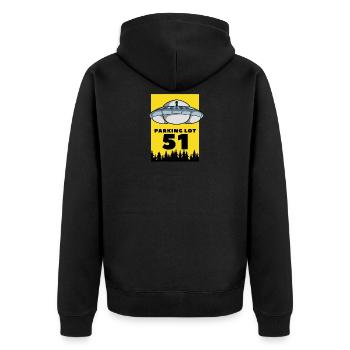 Alien UFO Parkplatz Erde Absturz Geschenkidee Spaß - Unisex Premium Bio Zip Hoodie - Schwarz - Hinten - Nico (187cm)
